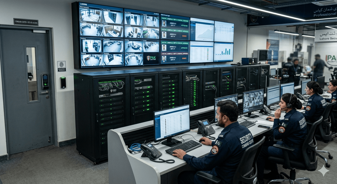 Enterprise access control center with biometric readers, security personnel monitoring multiple zones in modern control room