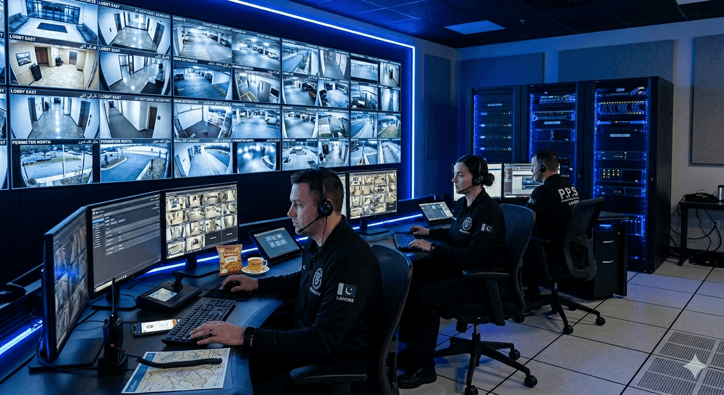 Modern security control room with multiple CCTV Surveillance Systems monitors displaying surveillance feeds from various camera angles