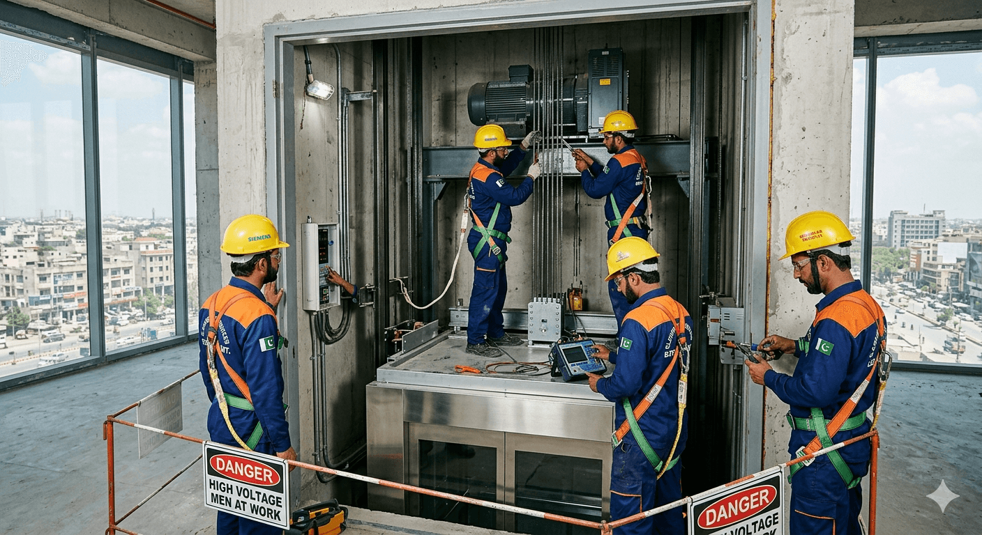 Our expert team installing modern elevator systems in commercial buildings
