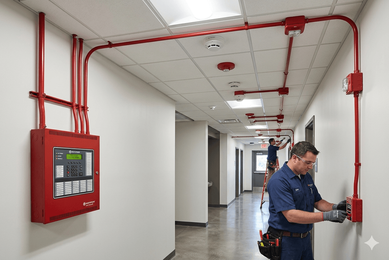 Professional fire alarm system installation in commercial building with control panel and detector network
