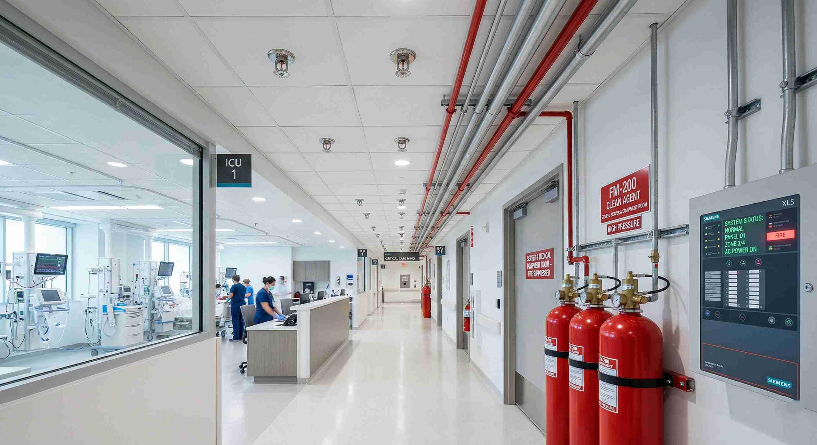 Chemical facility after comprehensive fire suppression system with multi-zone protection