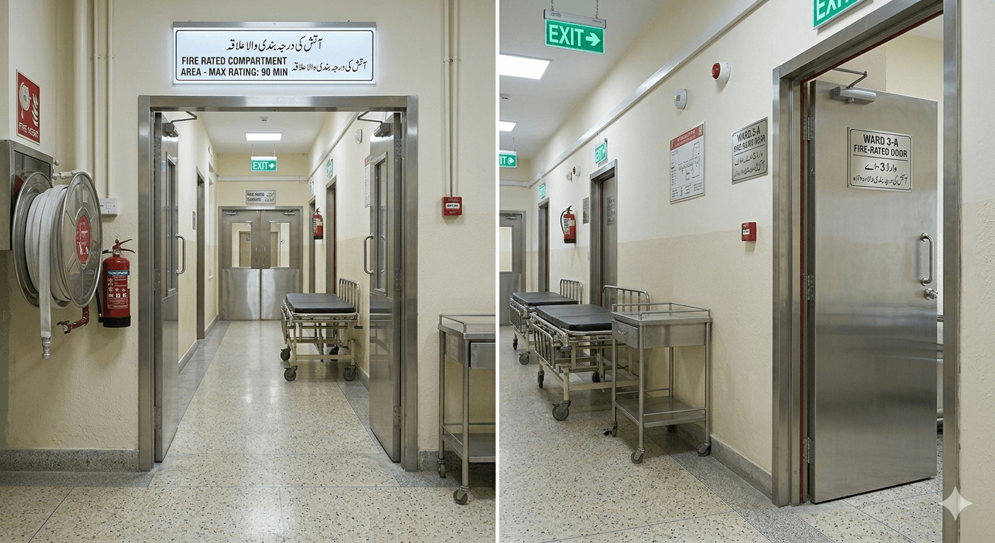 Hospital after fire-rated door retrofit showing proper compartmentation and safety