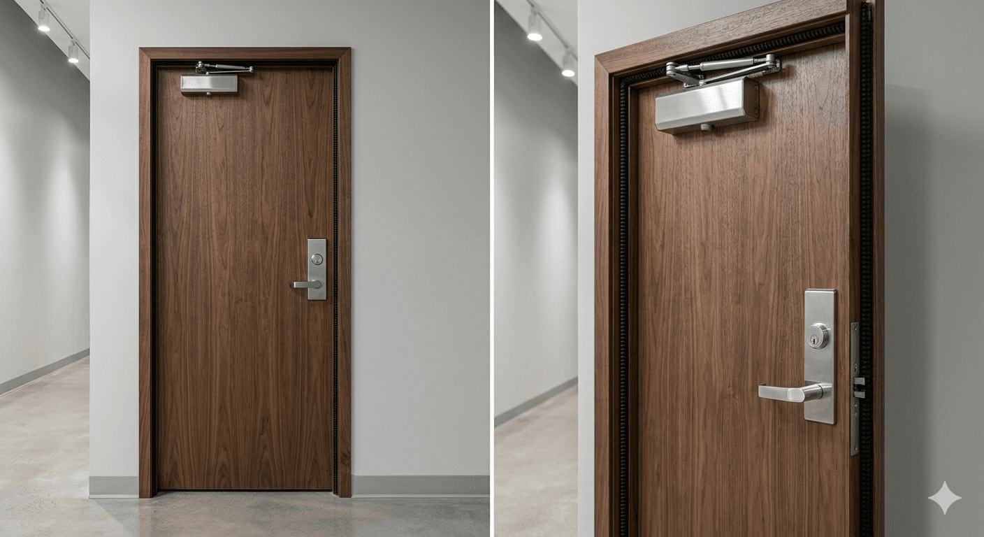 Fire-rated wooden door with intumescent seals for acoustic and aesthetic appeal