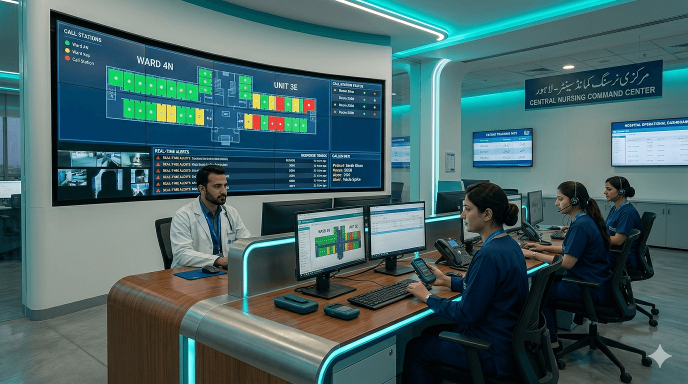 Modern hospital nurse call command center with real-time patient communication and staff coordination systems