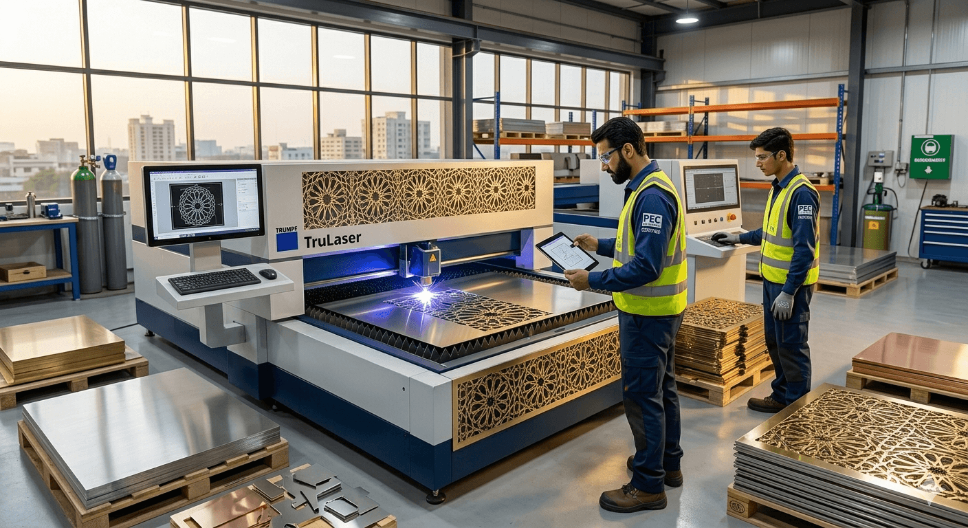 Professional CNC laser cutting team creating ornamental metalwork designs in modern fabrication facility