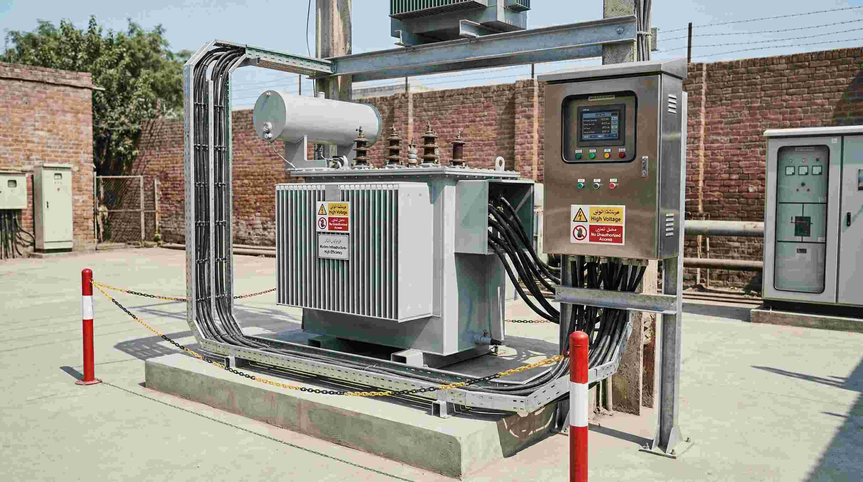 New modern transformer installation with advanced cooling system and automated monitoring