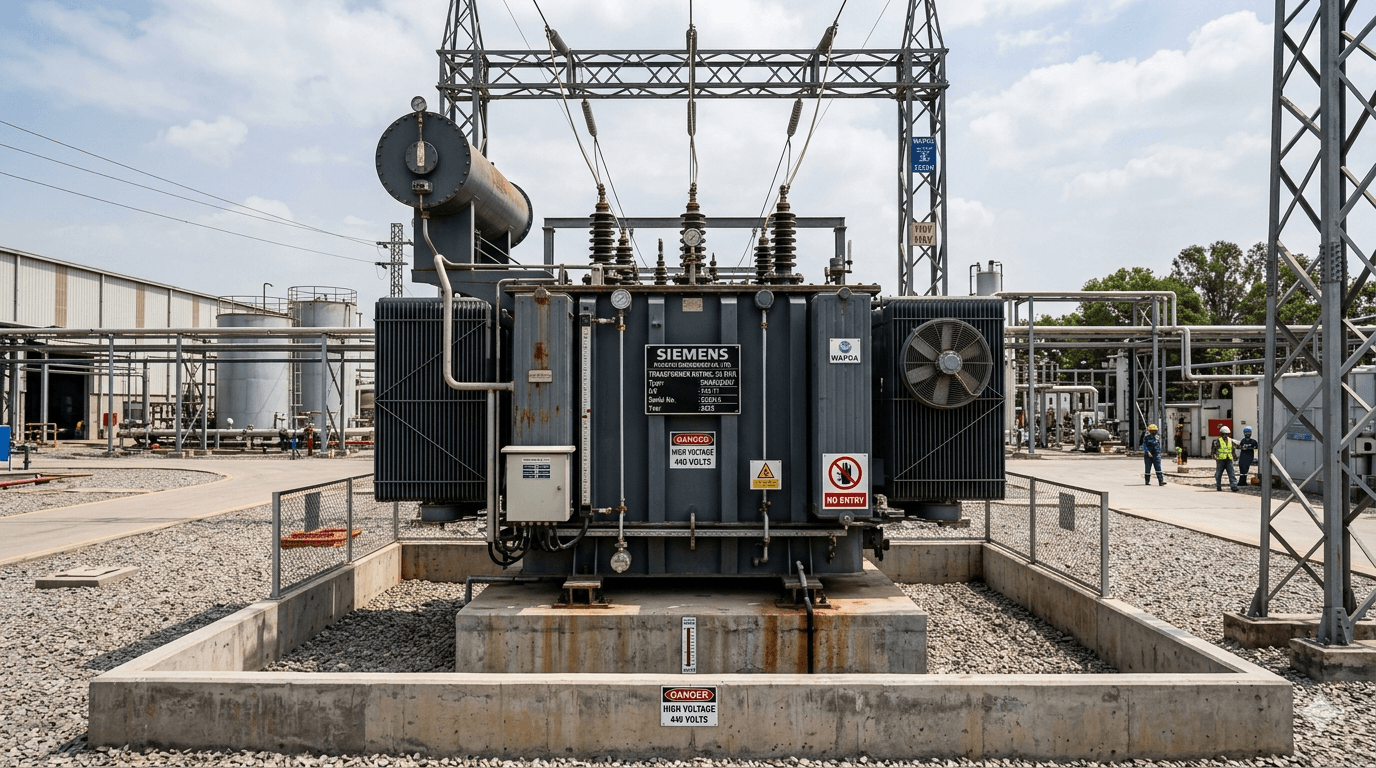 Industrial power transformer 500+ kVA installation with cooling radiators and oil containment system in manufacturing facility
