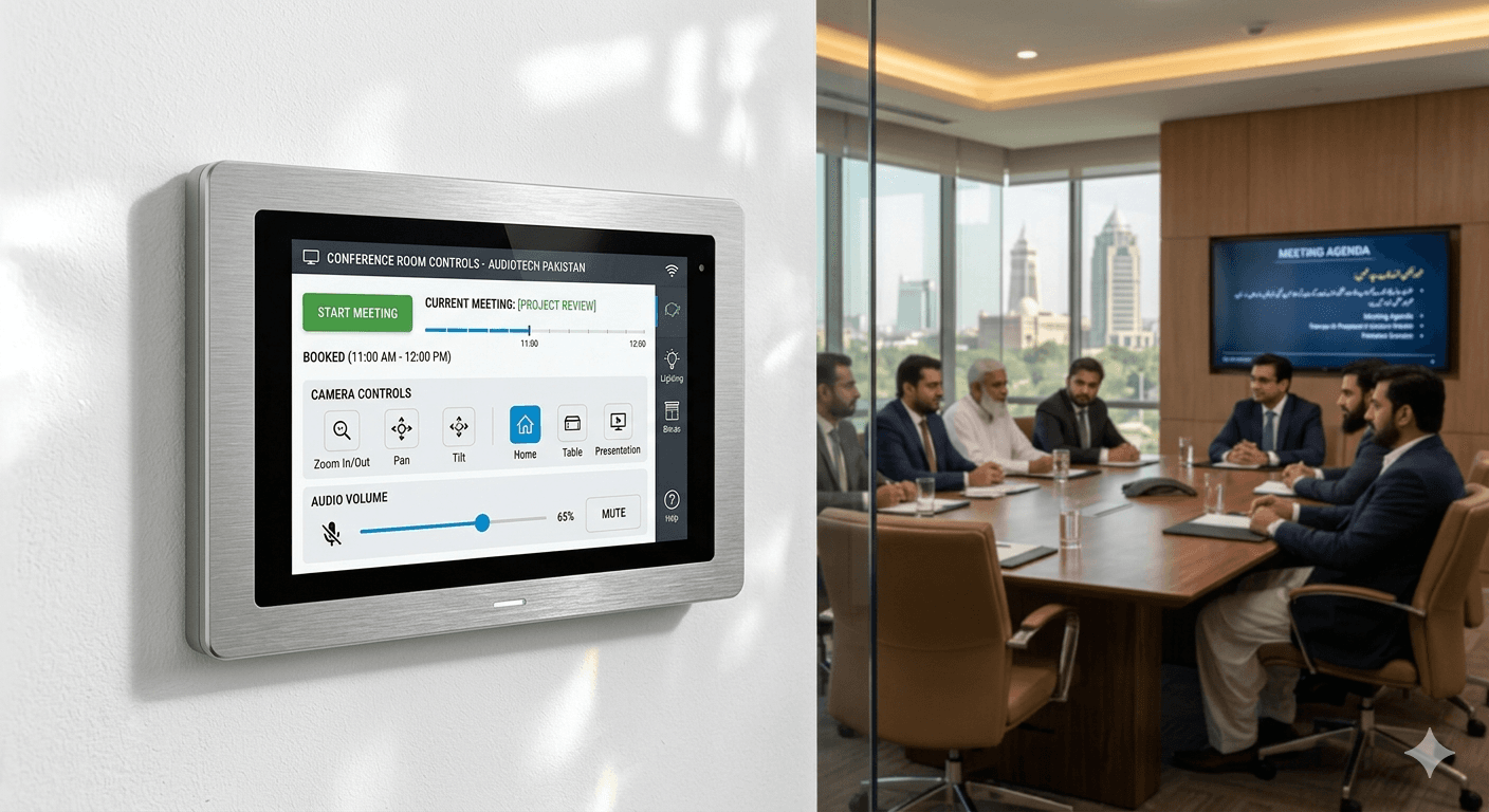 Professional audio system with premium microphones, speakers, and acoustic optimization
