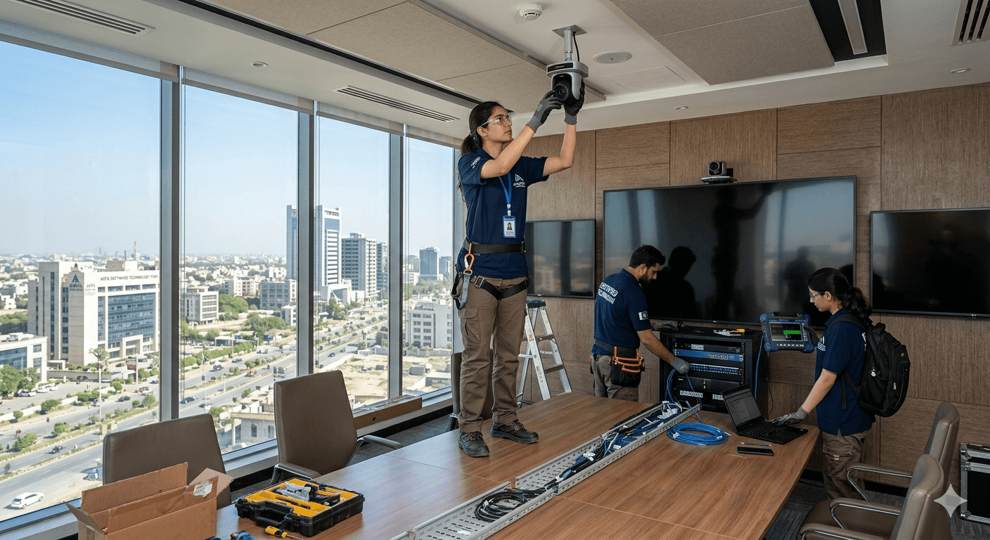 Expert AV team installing professional conference system in modern boardroom