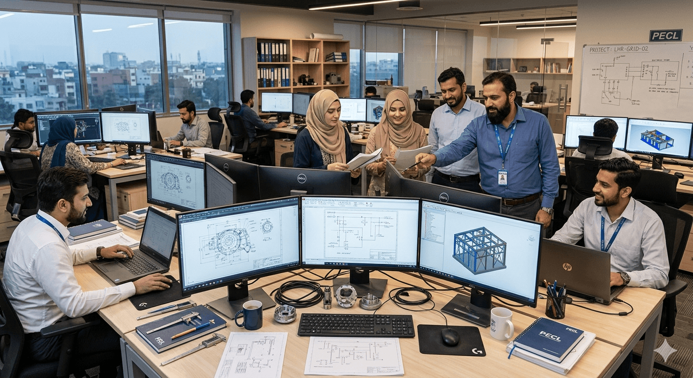 Professional engineering design team working on CAD drawings and system designs in modern office with multiple monitors