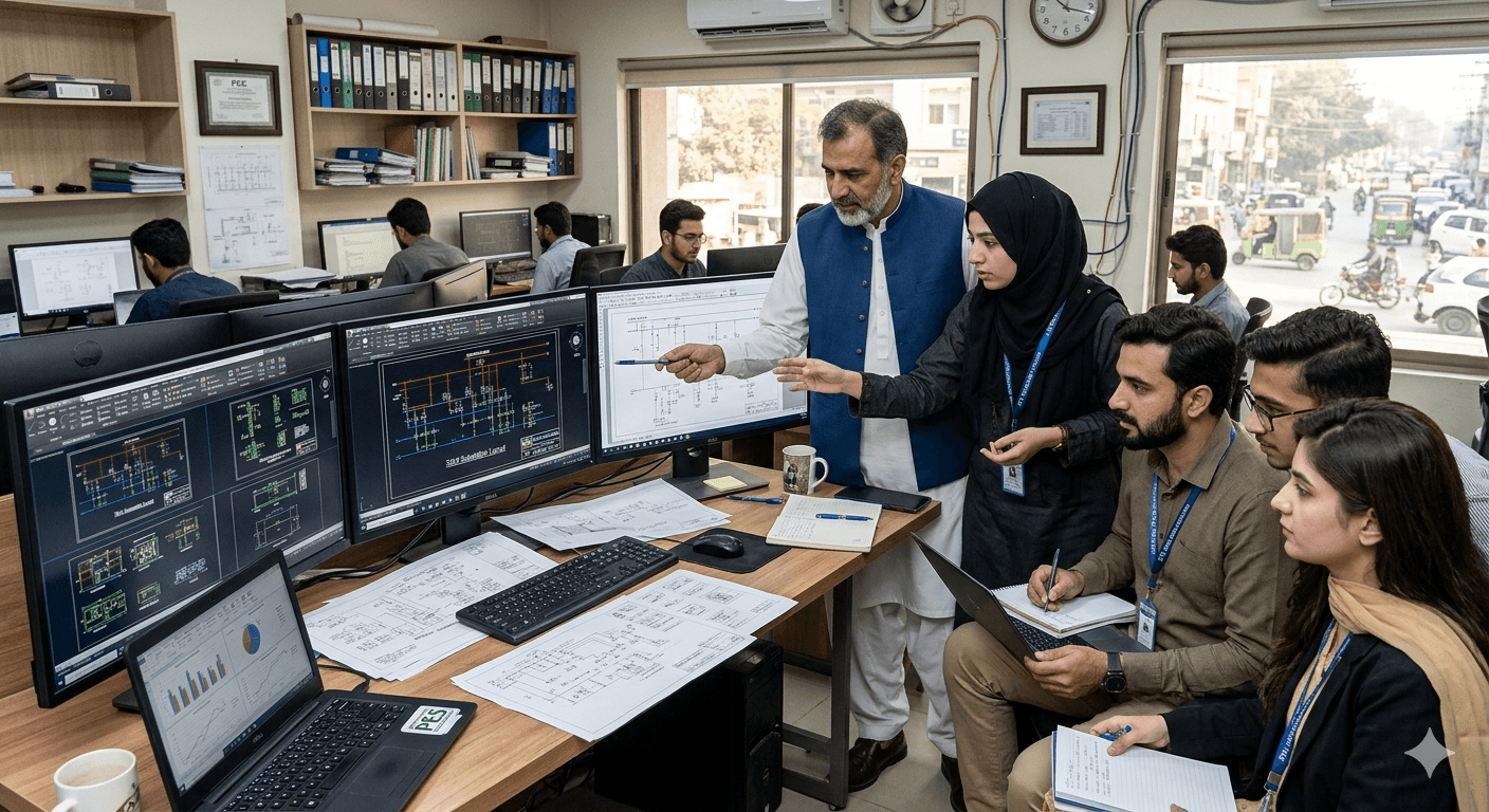 Engineering team reviewing detailed AutoCAD design drawings at workstation with multiple monitors