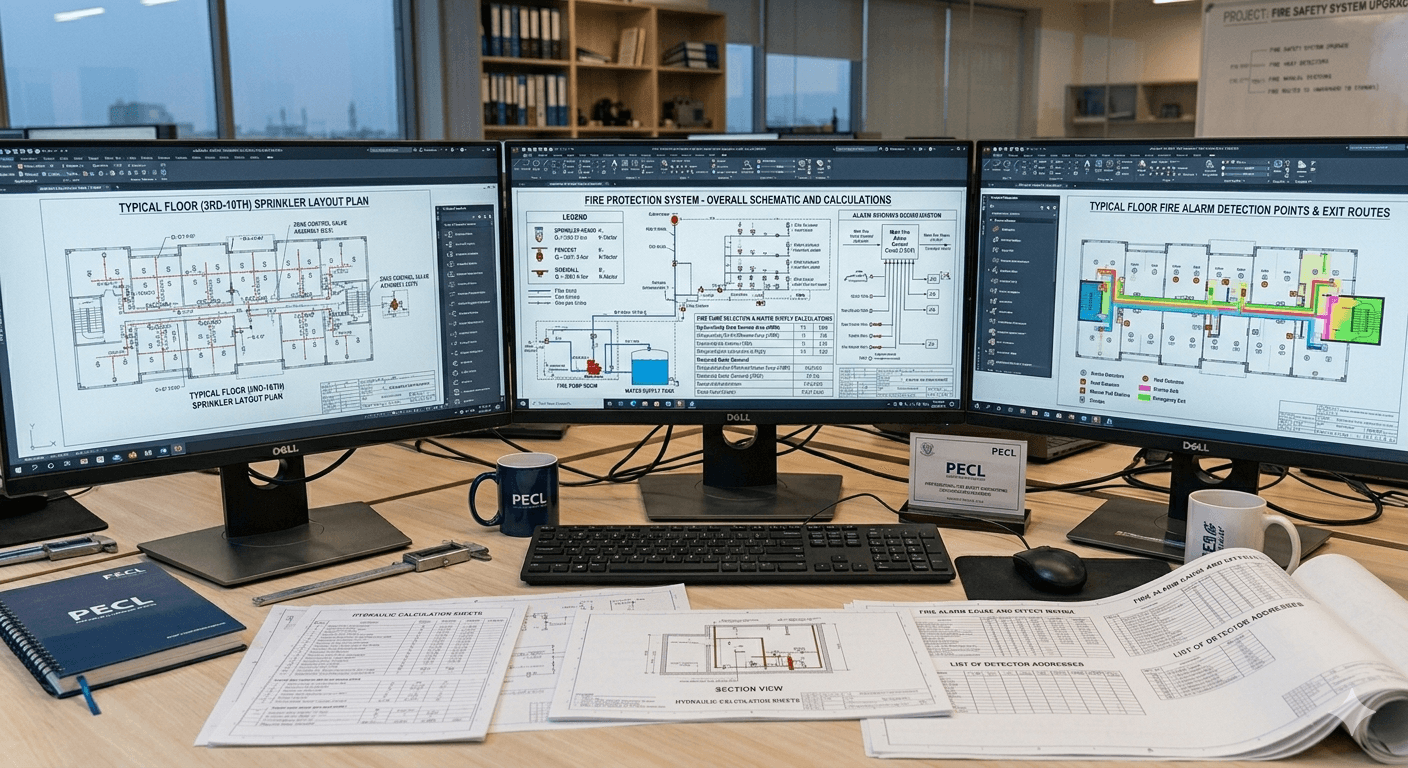 Fire protection system design with sprinkler layouts and alarm system schematics for buildings