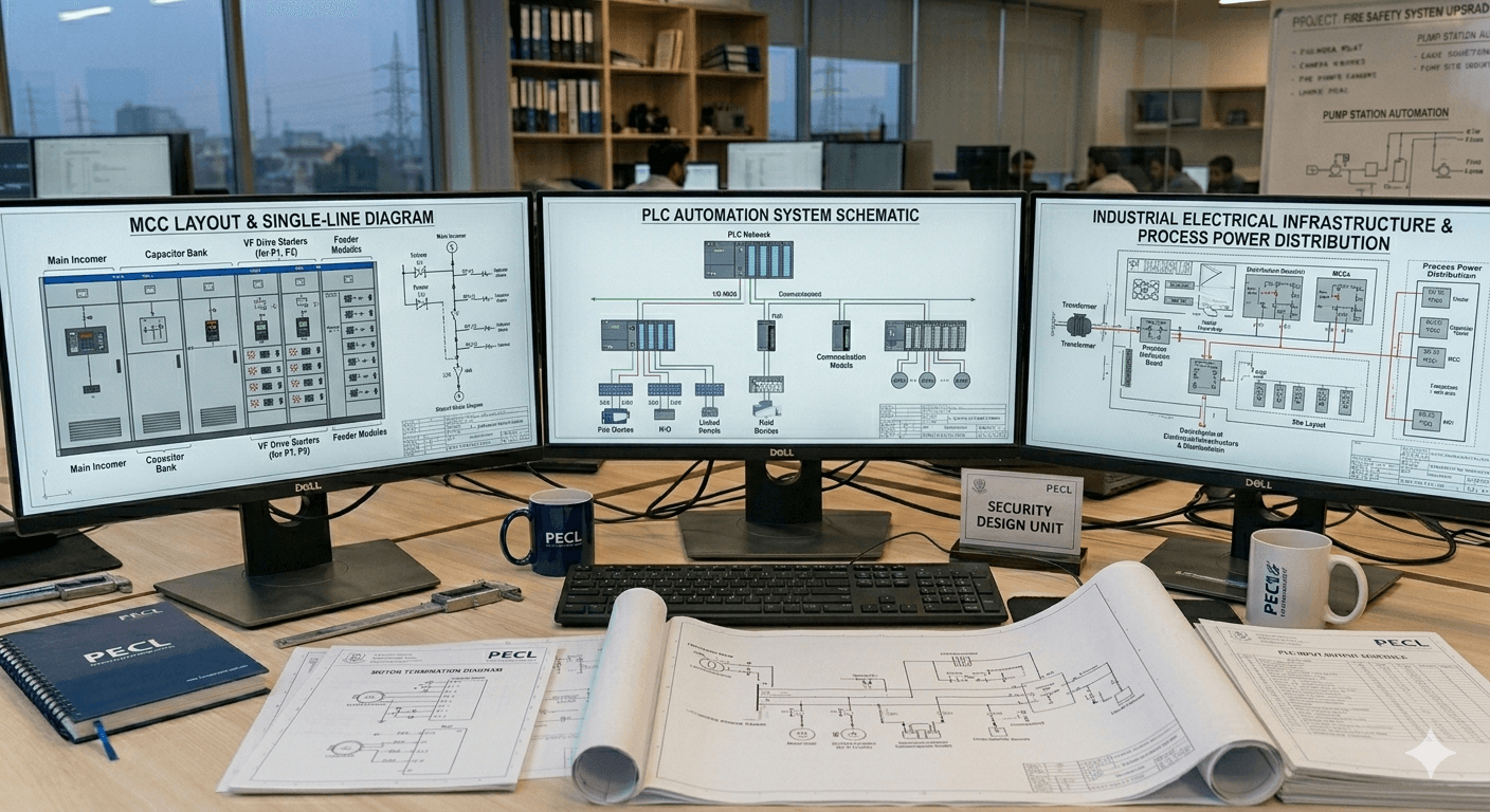 Industrial systems design including motor control centers, automation layouts, and process power distribution