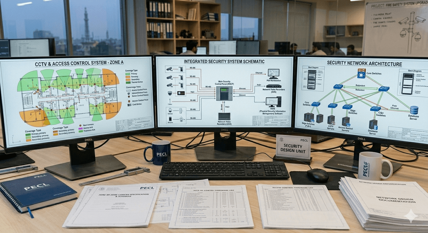 Security system design with CCTV Surveillance Systems camera placement, access control layout, and network architecture