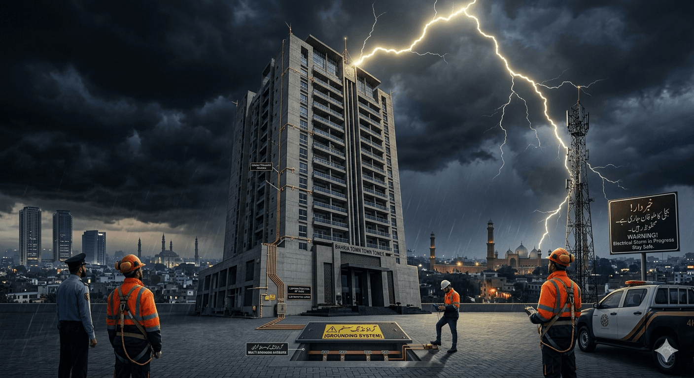 Modern tall building with lightning protection system during thunderstorm with visible lightning rods and grounding systems