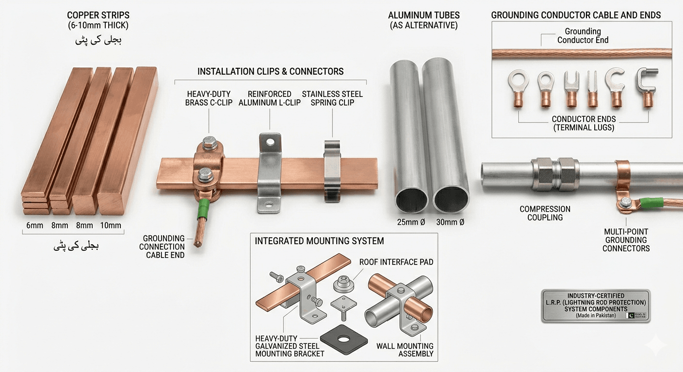 Copper down conductor strips and cables for lightning current dissipation