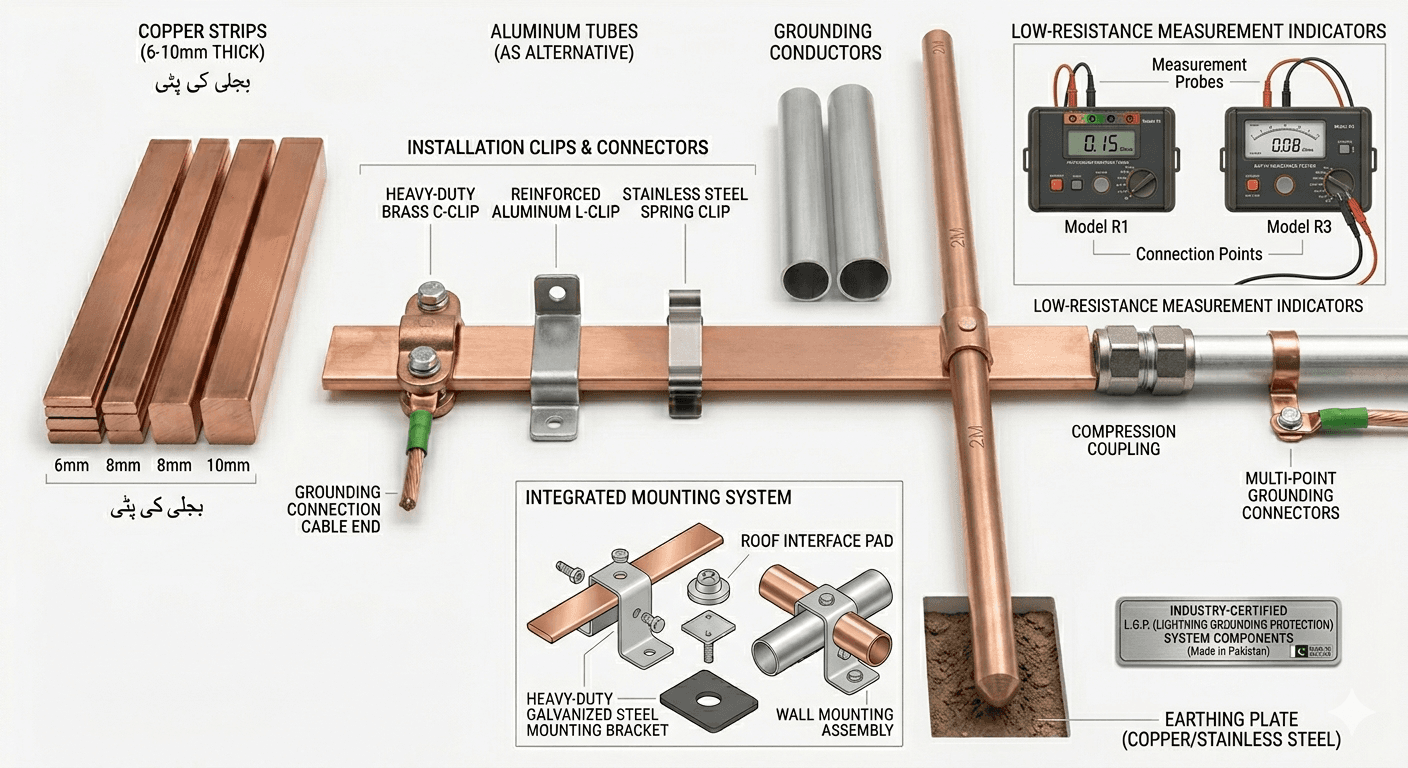 Grounding system components including earth rods, plates and electrodes